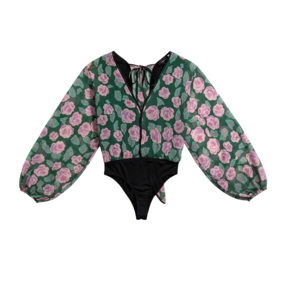 Lulus Bodysuit Floral Long Sleeve Open Back XS Green Purple Romantic Top Sheer